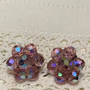 Vintage Pink Crystal Flower Clip On Earrings